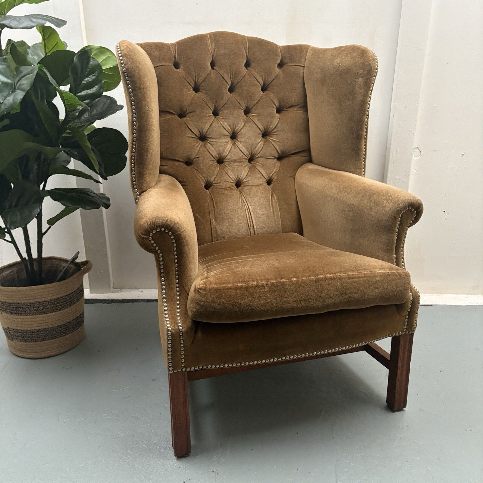 Vintage Chesterfield Button High Wing Back Gold Velour Arm Fireside Chair photo furniture