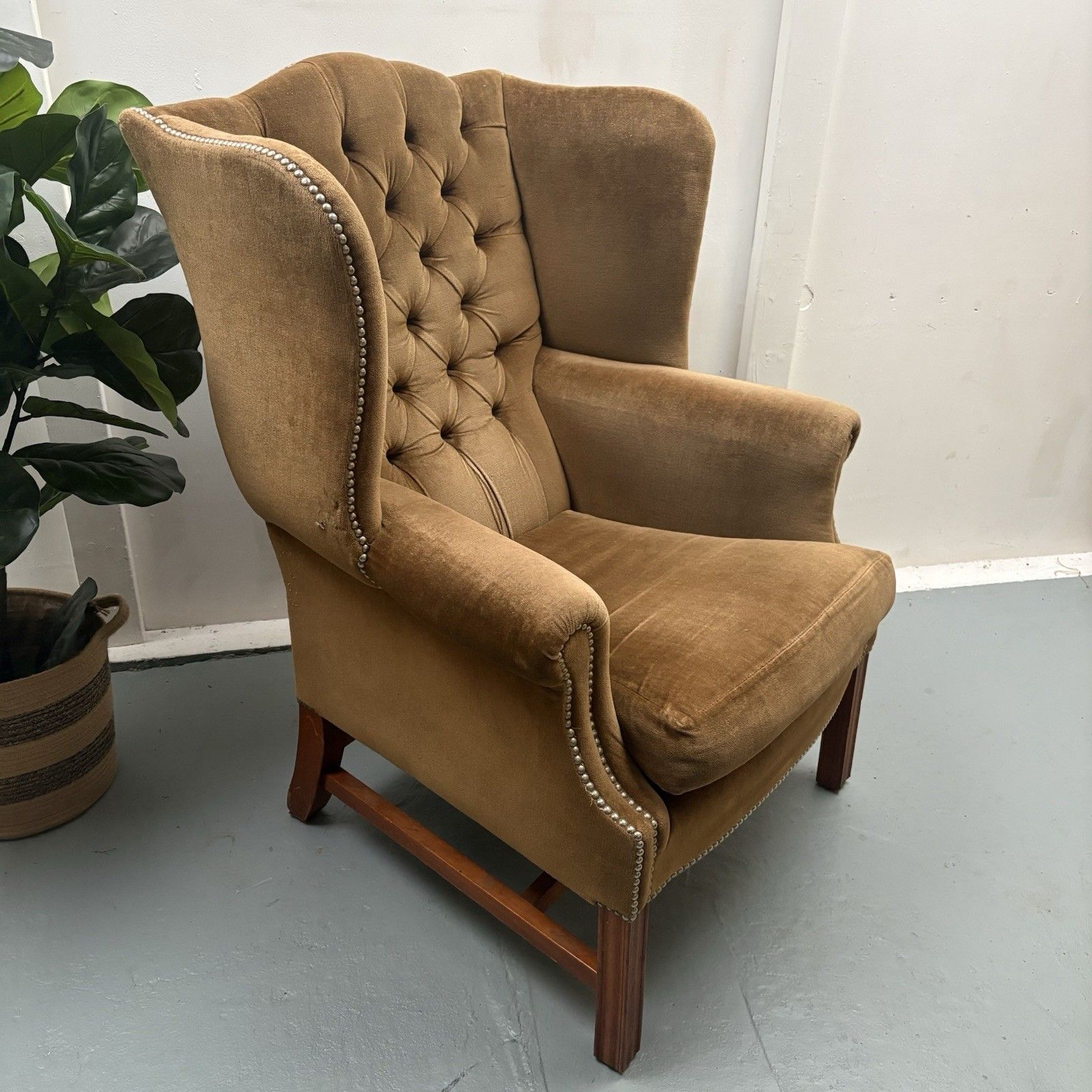 Vintage Chesterfield Button High Wing Back Gold Velour Arm Fireside Chair photo Furniture