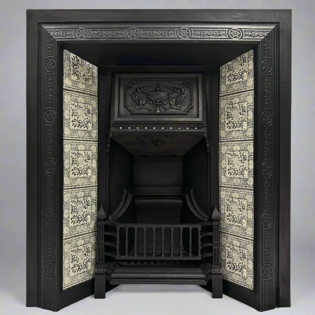 Antique Victorian Cast Iron Floral Tiled Fireplace Insert