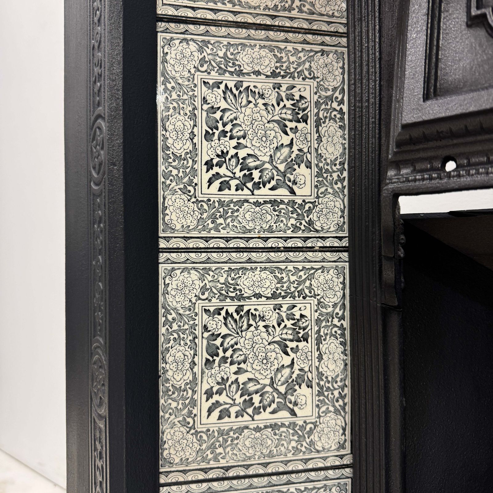 Antique Victorian Cast Iron Floral Tiled Fireplace Insert photo for sale