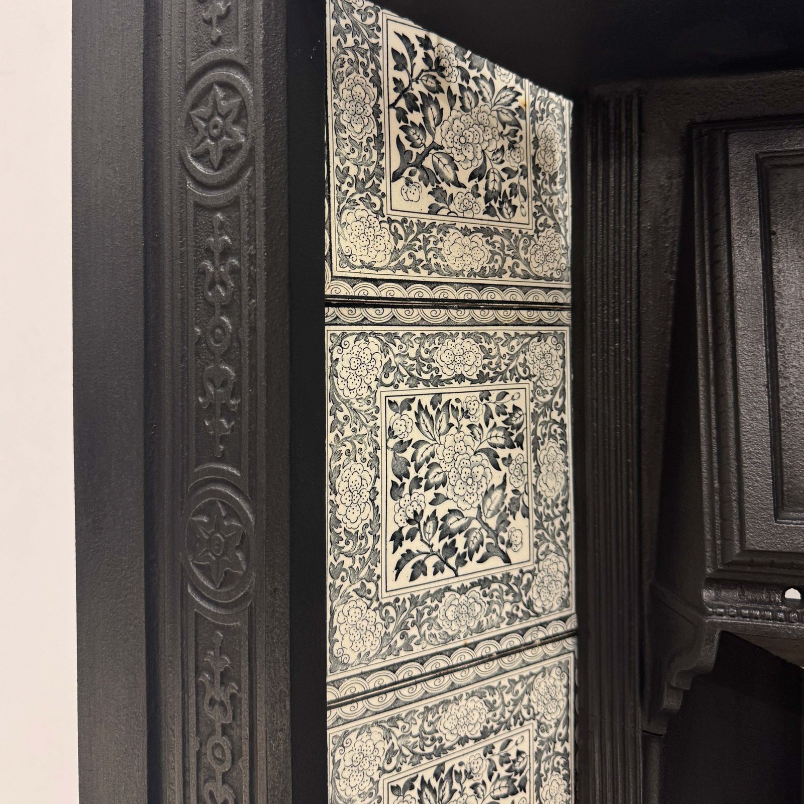 photo for sale Antique Victorian Cast Iron Floral Tiled Fireplace Insert