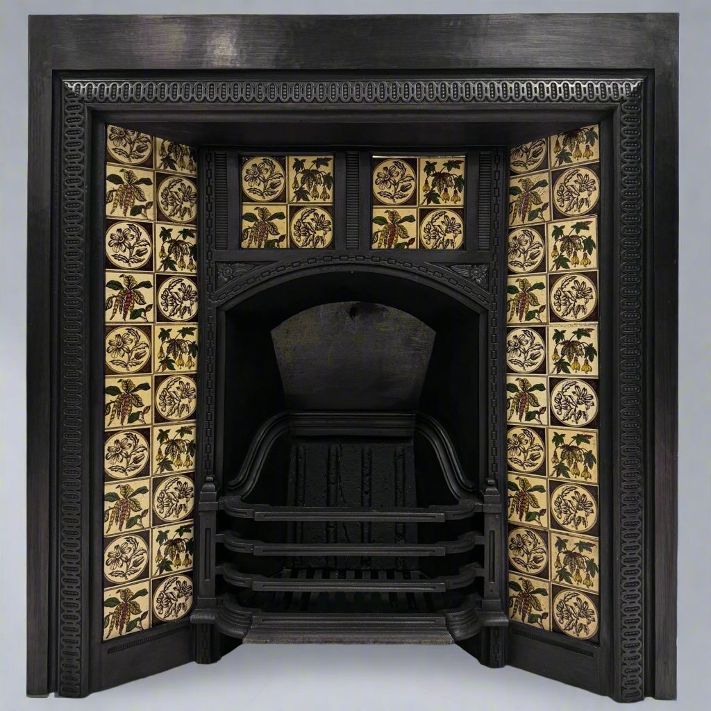 Antique Victorian Cast Iron Floral Tiled Fireplace Insert