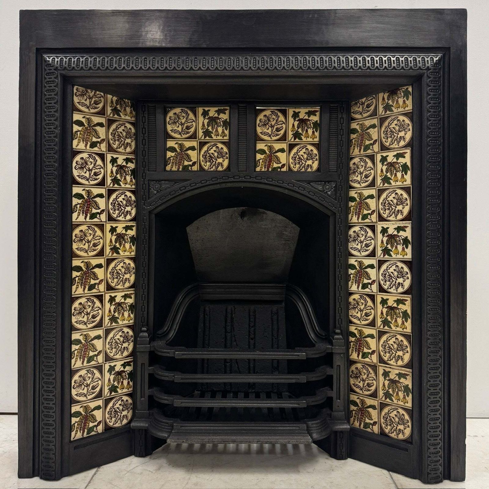 Home Fixtures Antique Victorian Cast Iron Floral Tiled Fireplace Insert photo