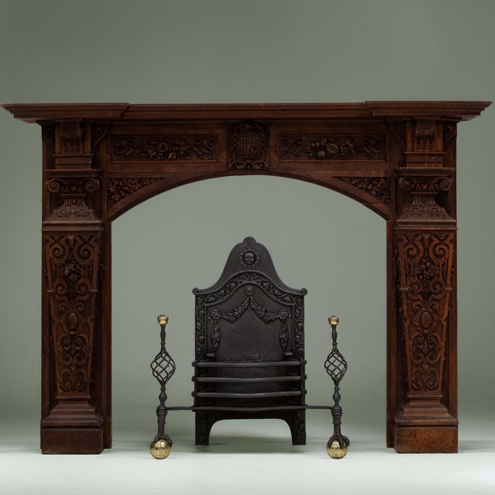 Monumental Antique Arts & Crafts Carved Oak Fireplace Surround