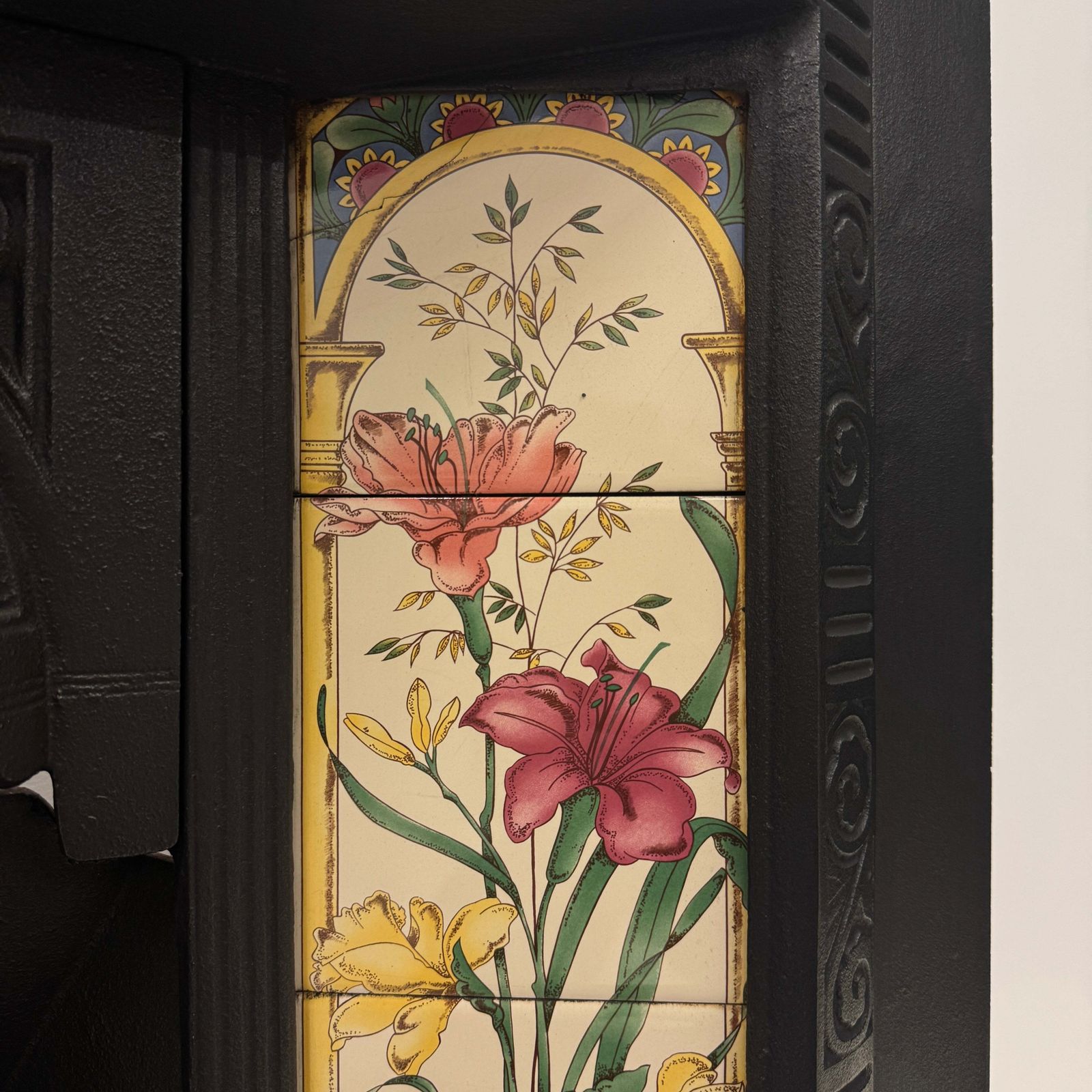Victorian Cast Iron Tiled Fireplace Insert With Floral Panels photo for sale