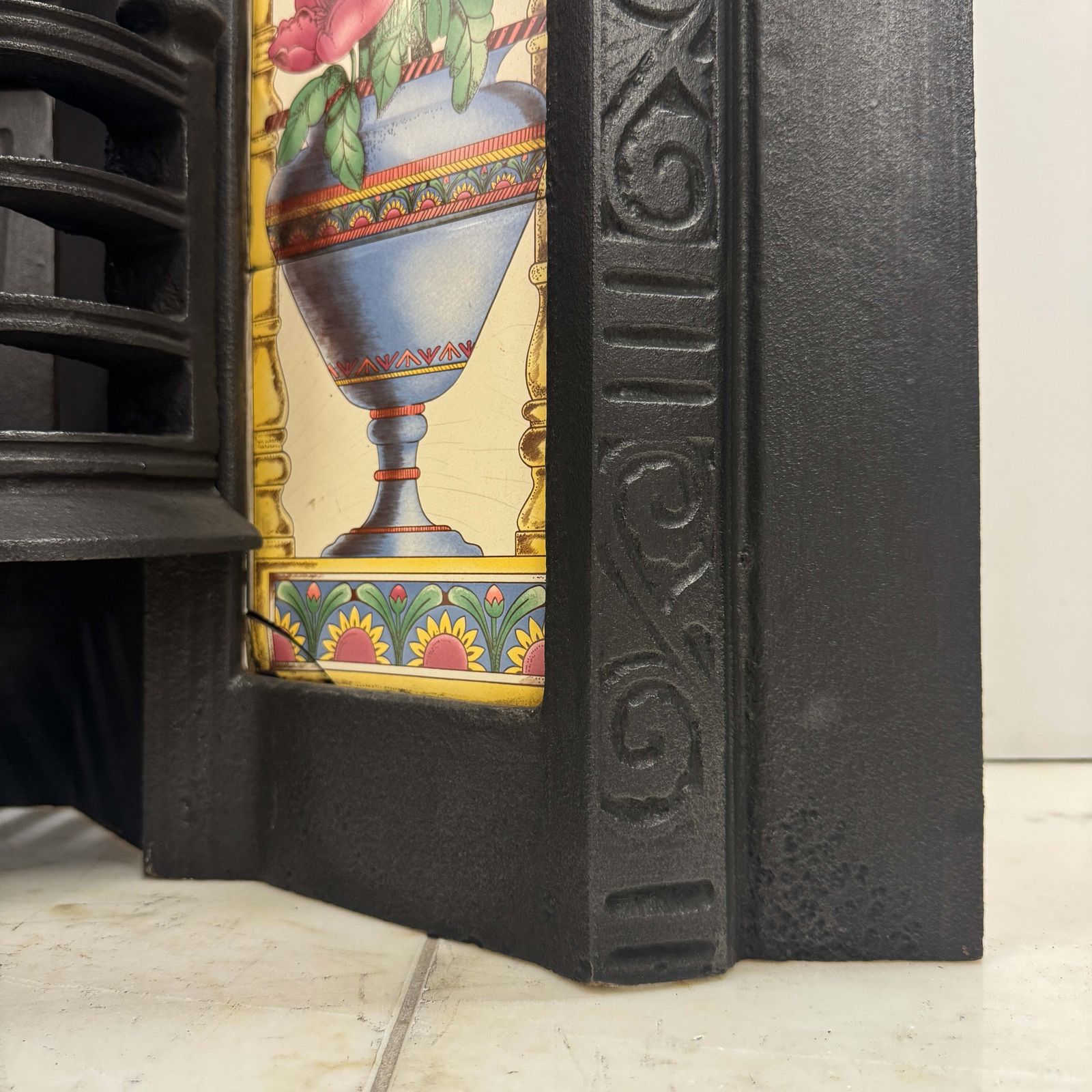 Victorian Cast Iron Tiled Fireplace Insert With Floral Panels photo vinterior