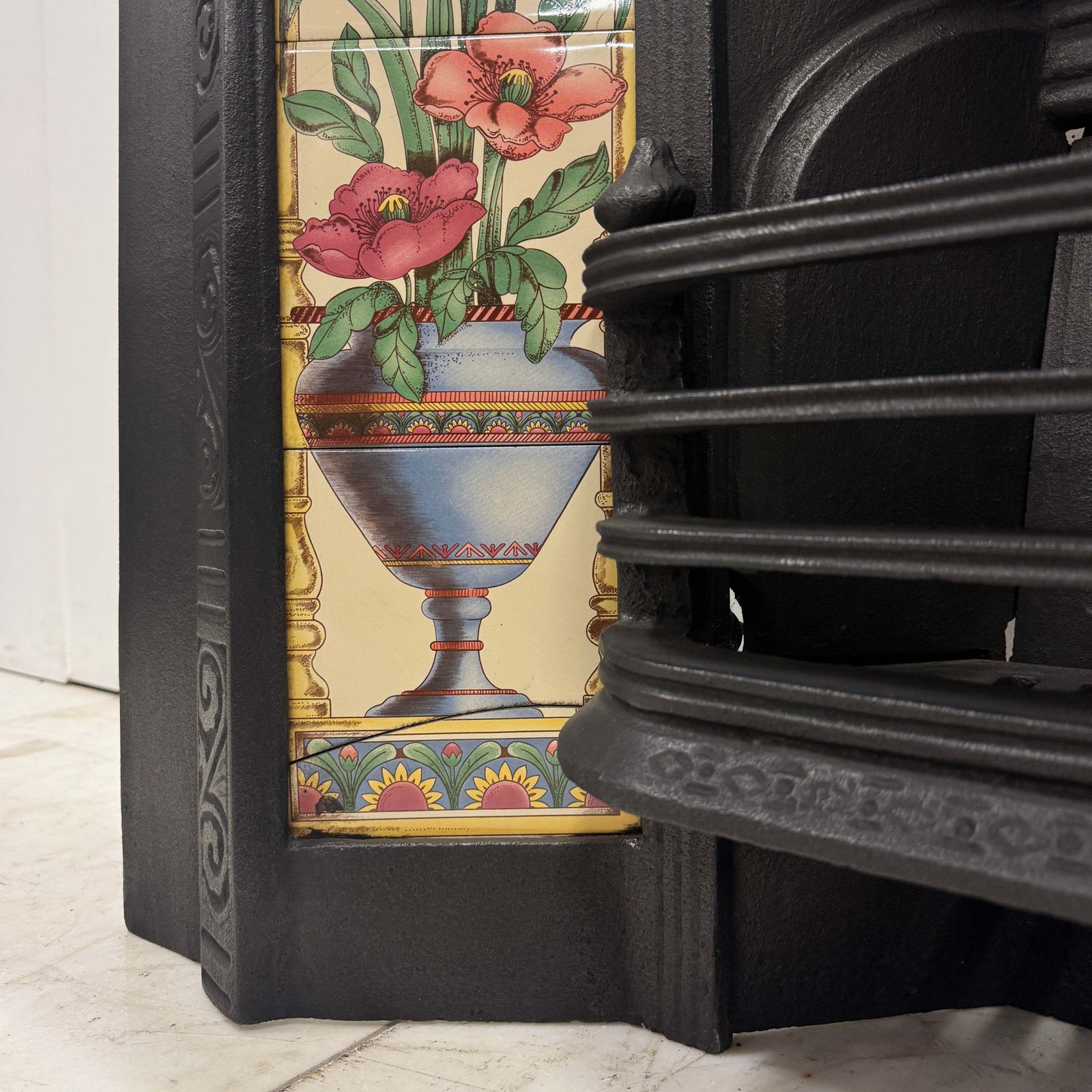 Victorian Cast Iron Tiled Fireplace Insert With Floral Panels photo vintage