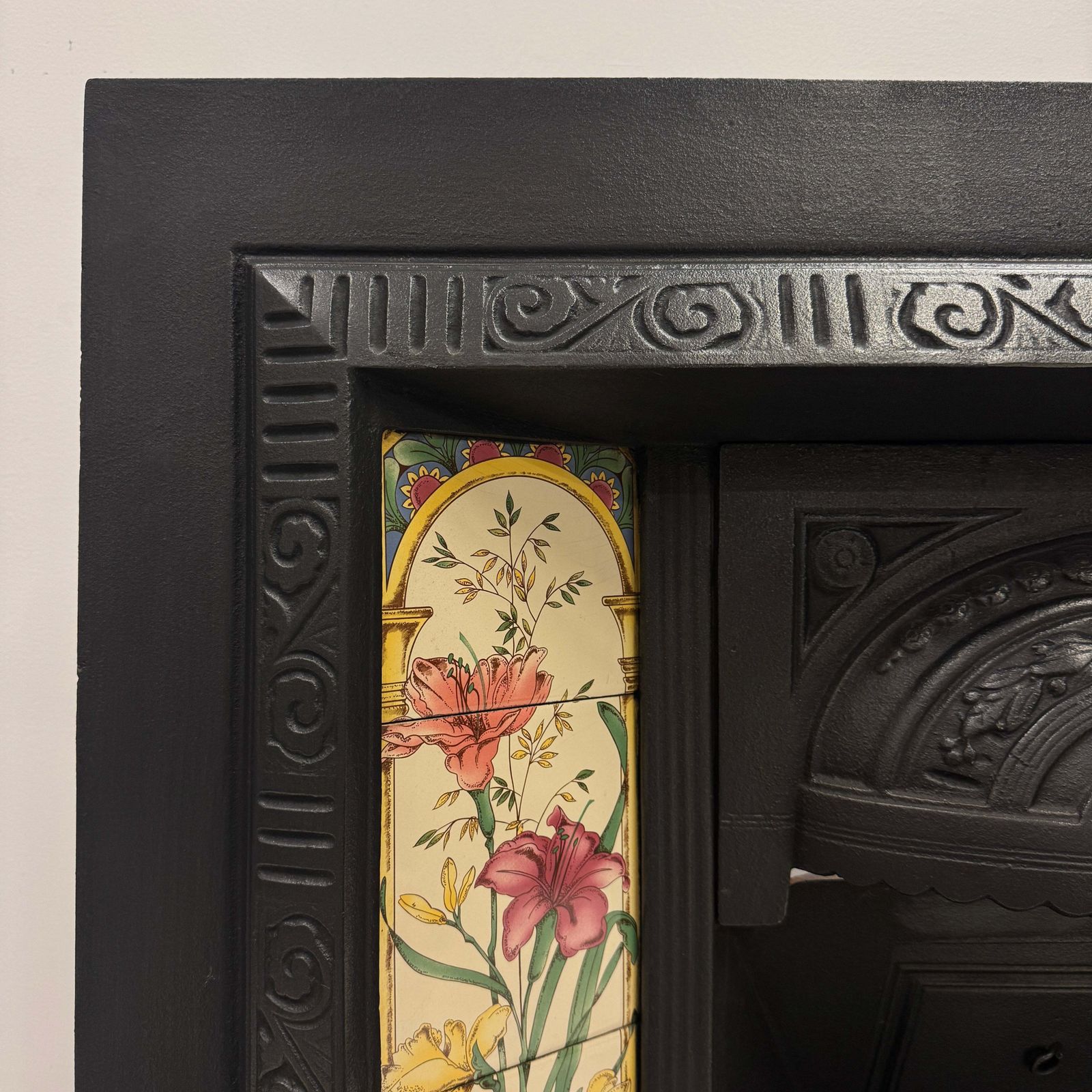 photo for sale Victorian Cast Iron Tiled Fireplace Insert With Floral Panels