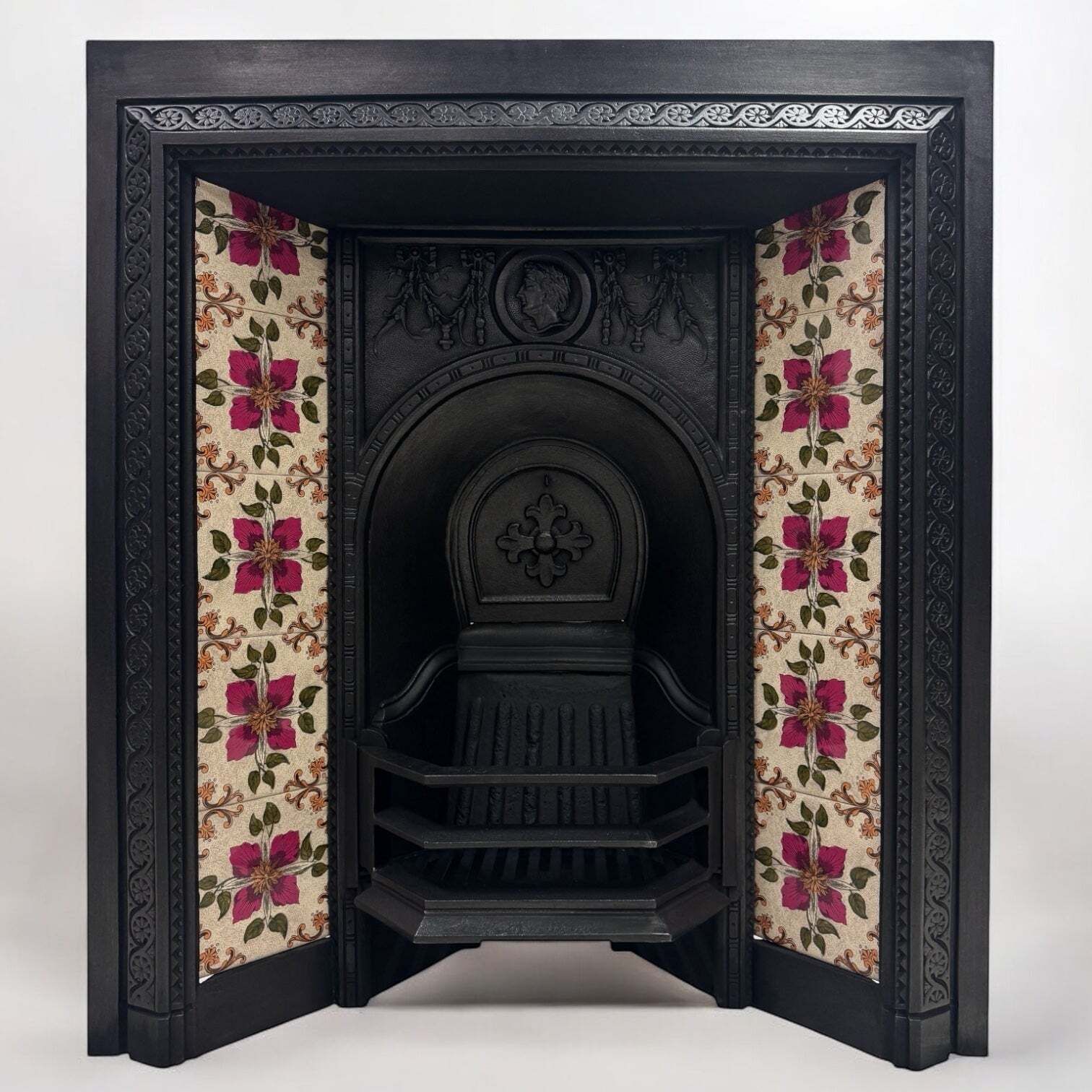 Victorian Cast Iron Tiled Fireplace Insert With Floral Panels
