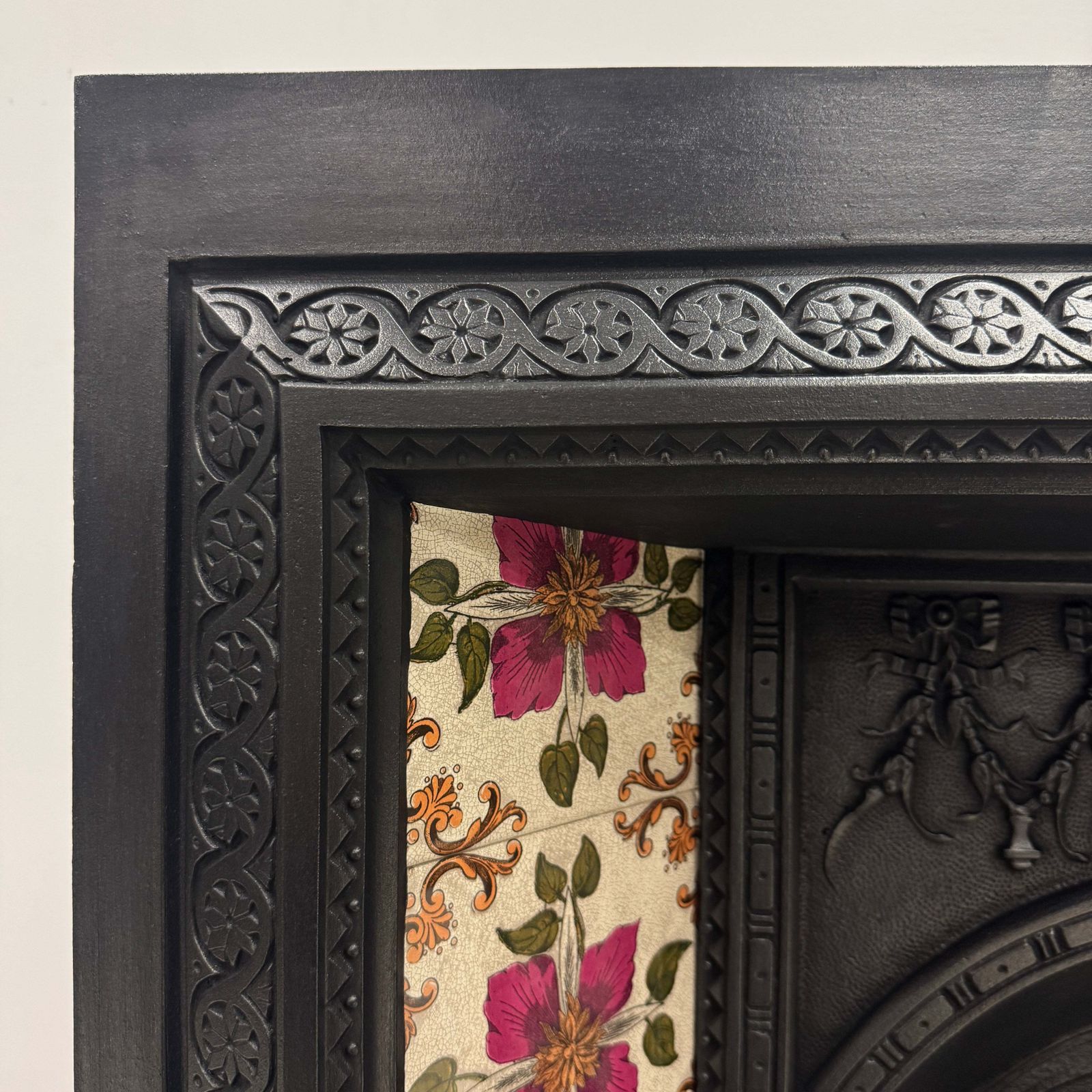 photo for sale Victorian Cast Iron Tiled Fireplace Insert With Floral Panels