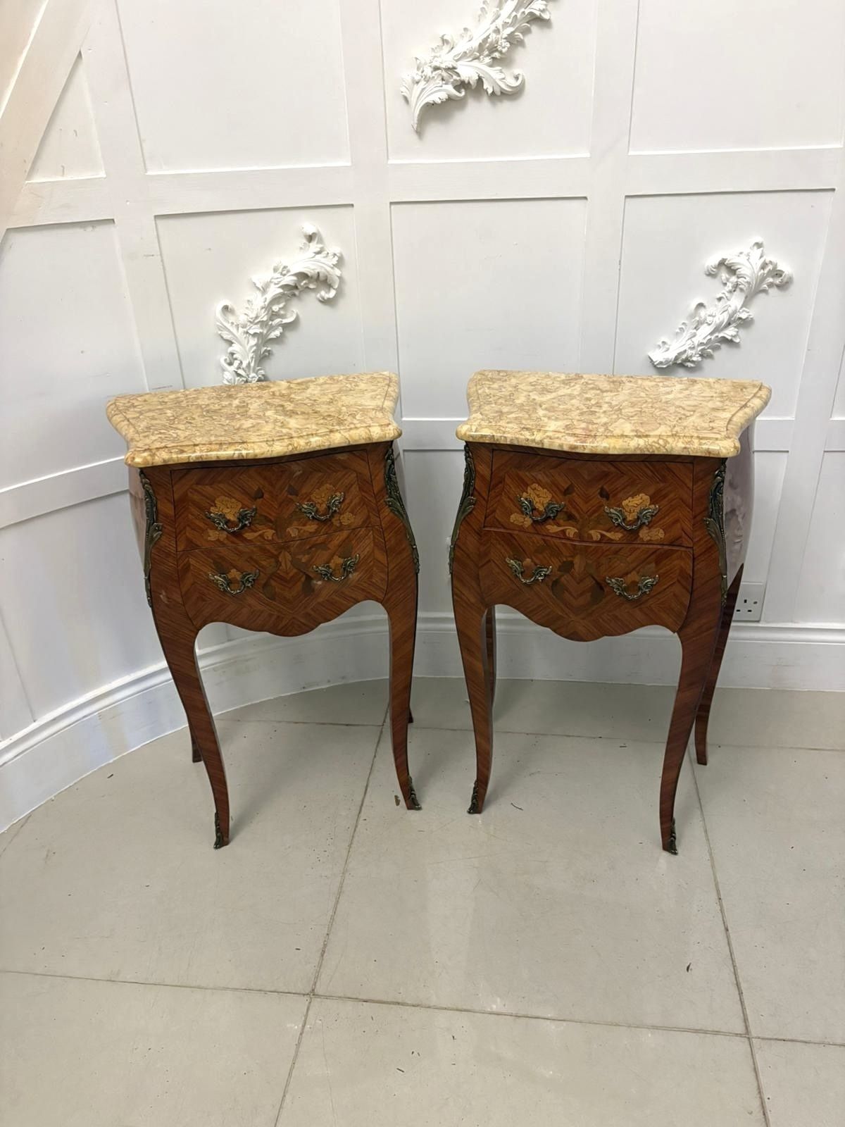 Furniture Antique Quality Pair Of French Louis XV Style Marquetry Bedside Cabinets photo