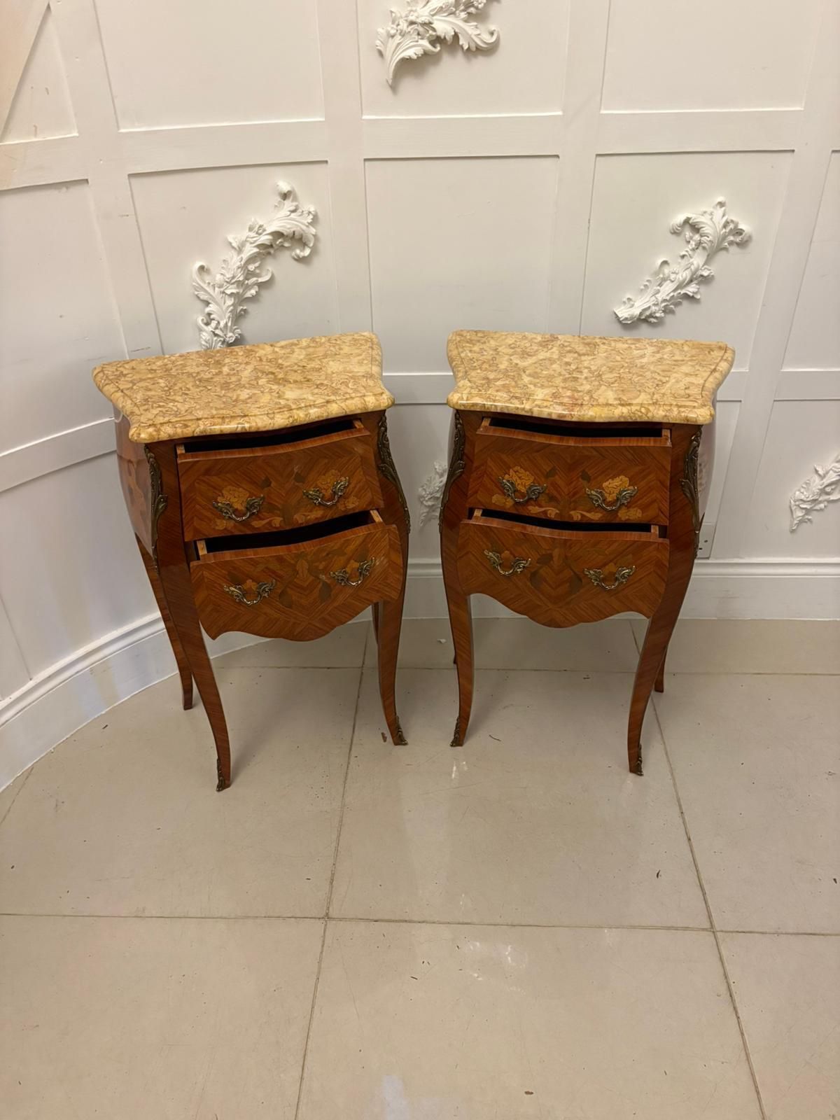 photo buy Antique Quality Pair Of French Louis XV Style Marquetry Bedside Cabinets