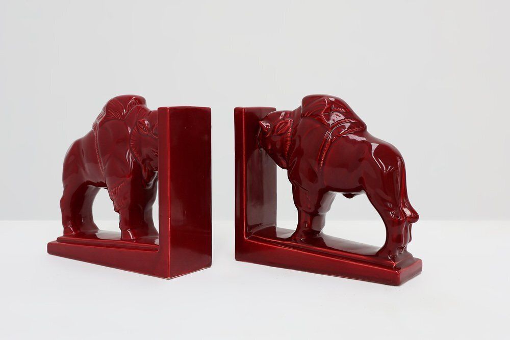Art Deco Red Glazed Ceramic Bison Ox Bookends, Belgium, 1920s, Set Of 2