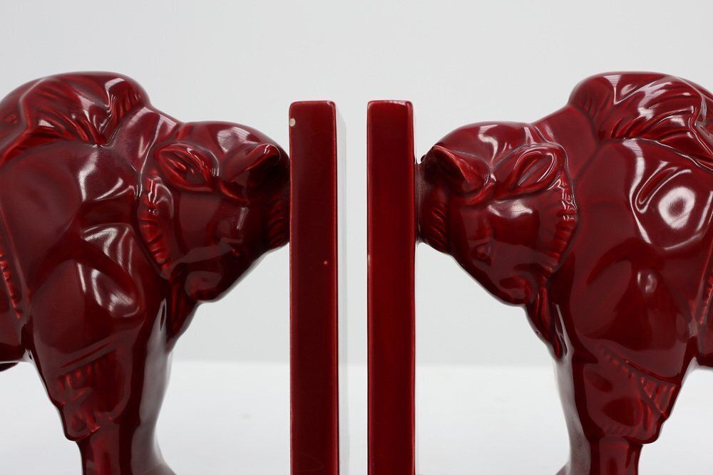 Art Deco Red Glazed Ceramic Bison Ox Bookends, Belgium, 1920s, Set Of 2 photo for sale