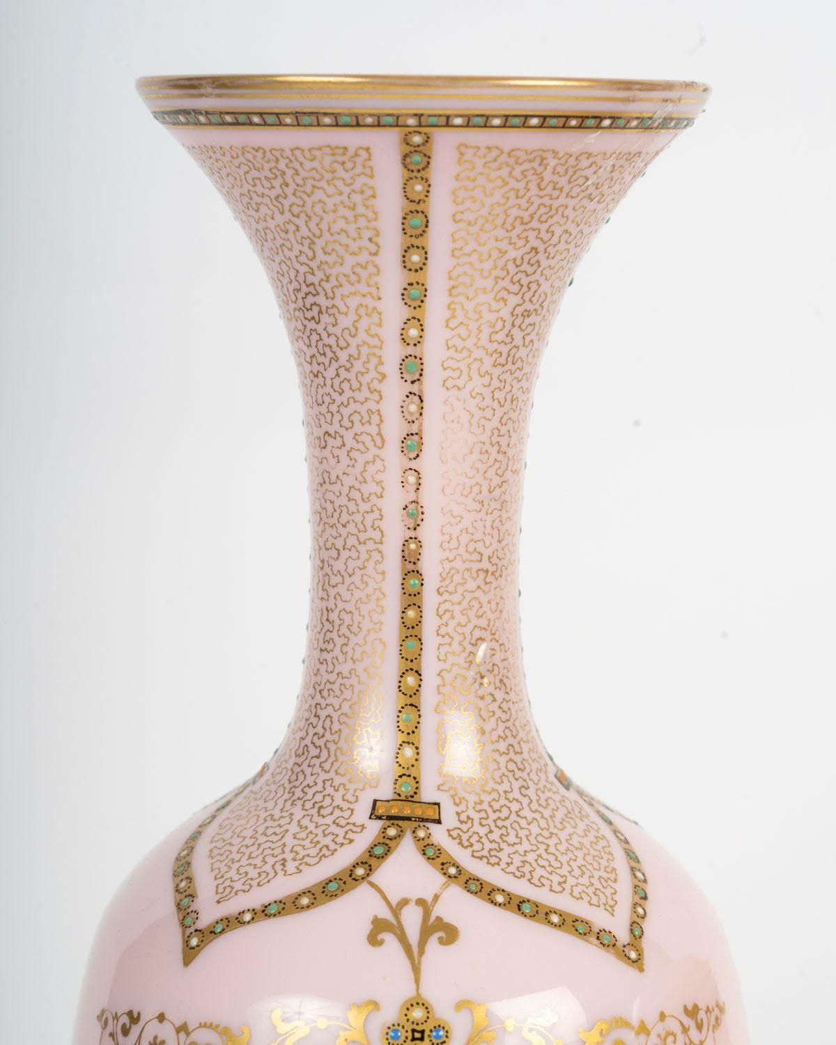 Mantel Set, Vases, Pink Opaline, Napoleon III Period, 19th Century. photo for sale
