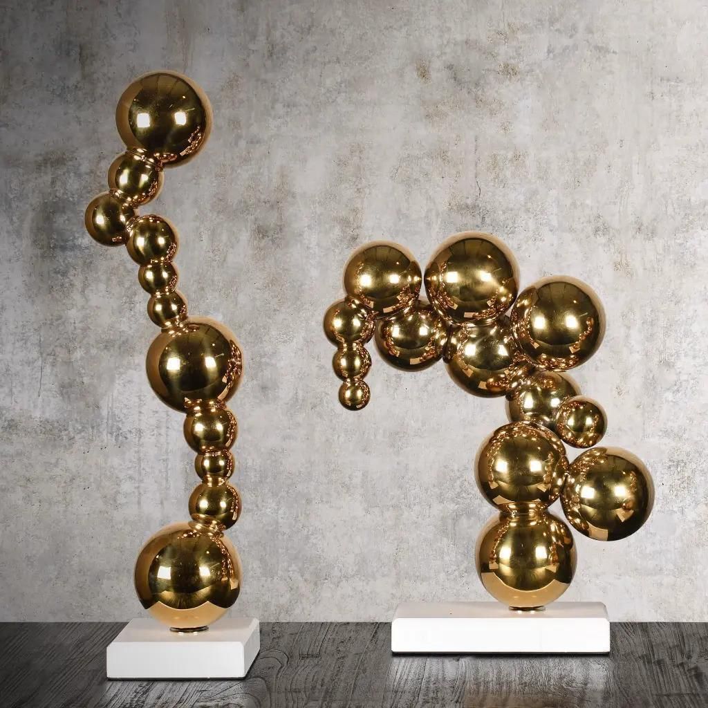 Set Of 3 Contemporary Golden Bronze Bubble Sculptures On White Marble Bases photo for sale