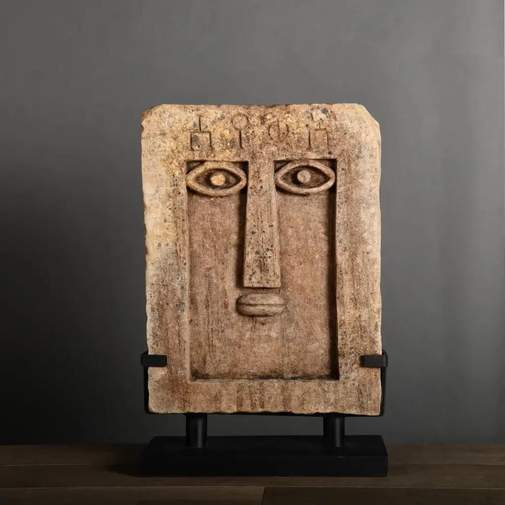 Stylized Antique Sandstone Stele – “Ideograms” Model, South Arabian Funerary Art photo furniture