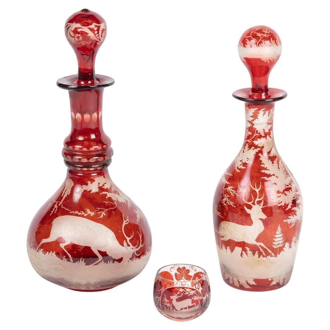 Engraved Bohemian Crystal Oil And Vinegar Set, A Small Salt Shaker, Napoleon III