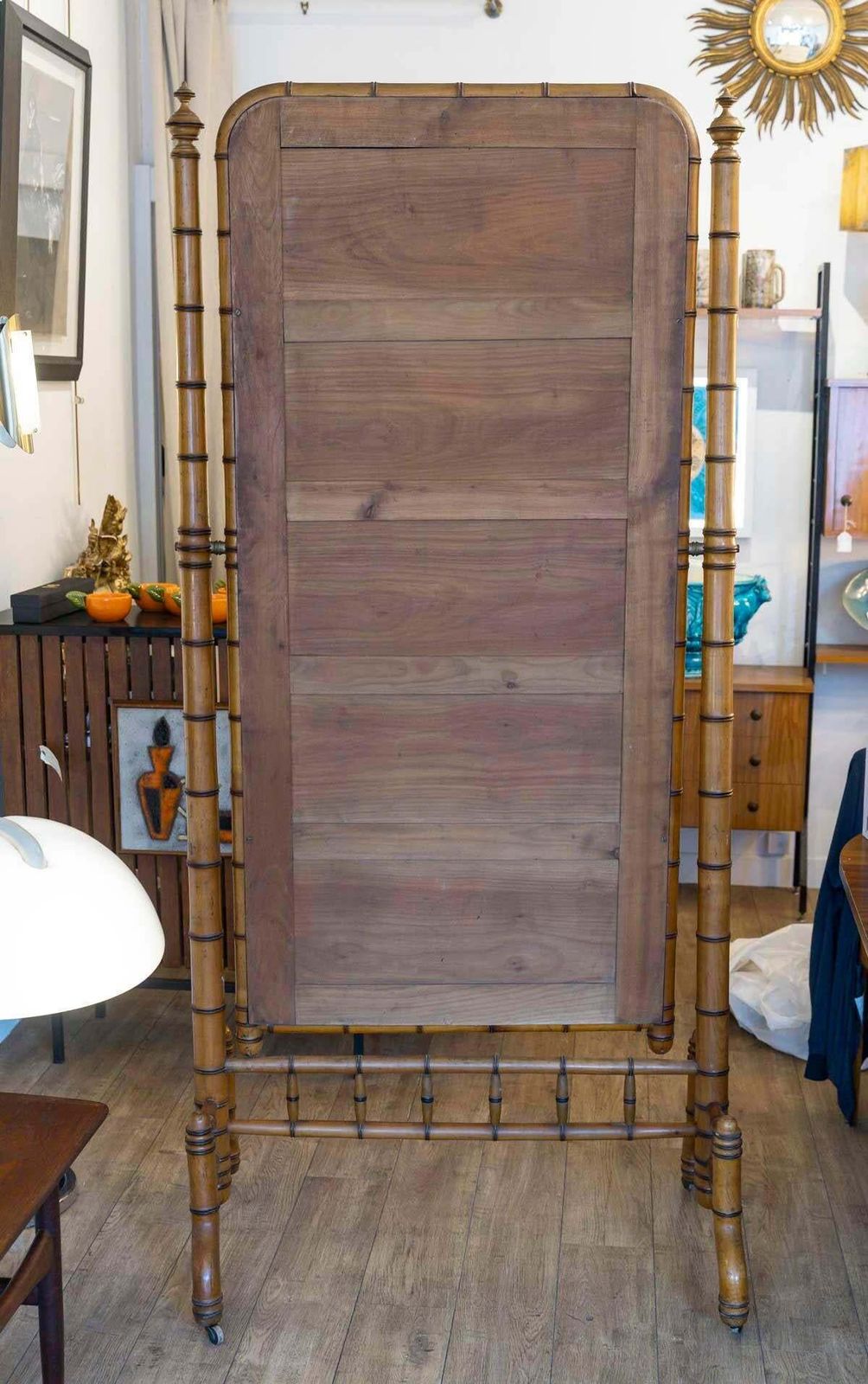 Large Bamboo Style Wooden Psyche Mirror, 19th Century, Napoleon III Period. photo vintage
