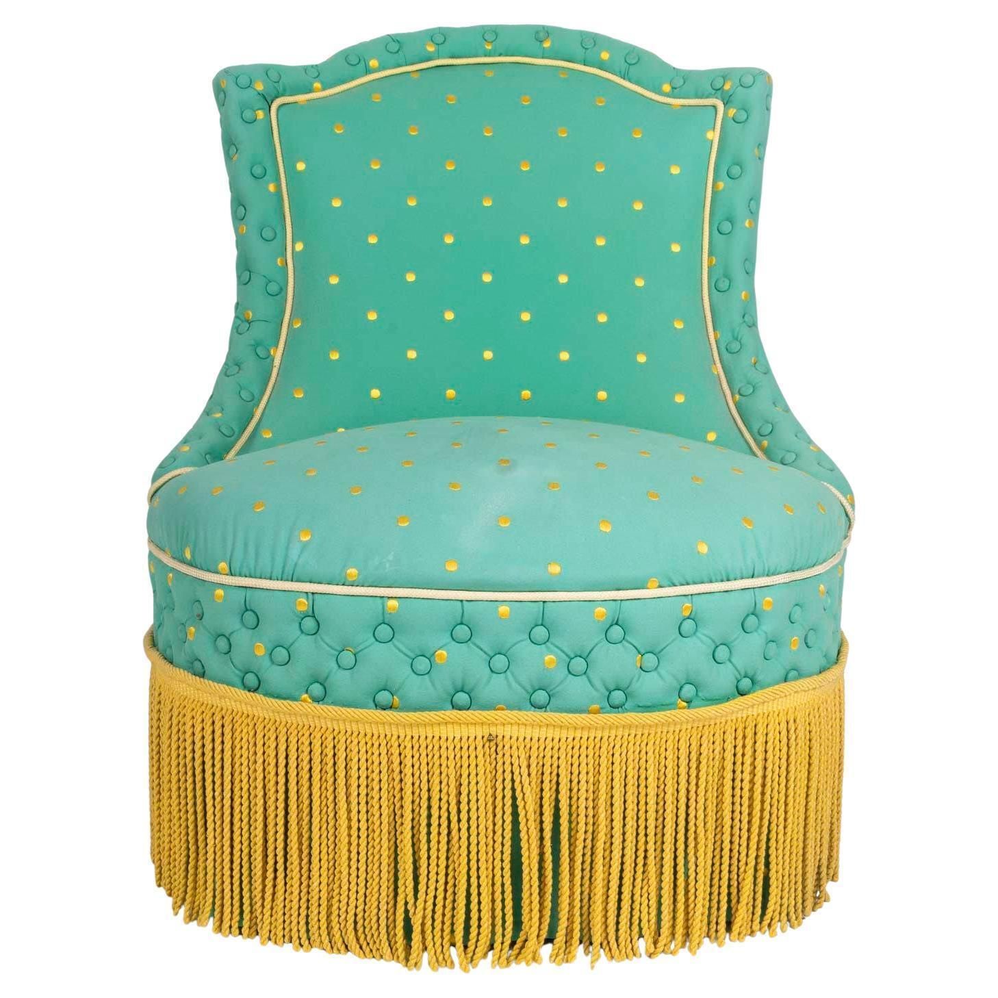 Armchairs, Napoleon III Period, 19th Century, Upholstered In Green And Gold.