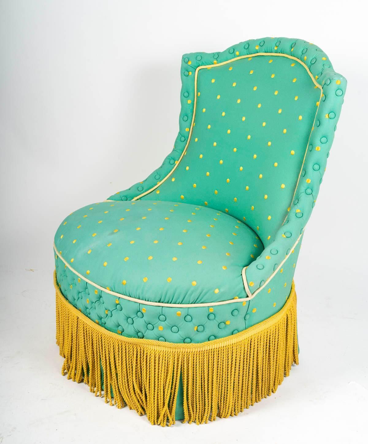 Armchairs, Napoleon III Period, 19th Century, Upholstered In Green And Gold. photo buy