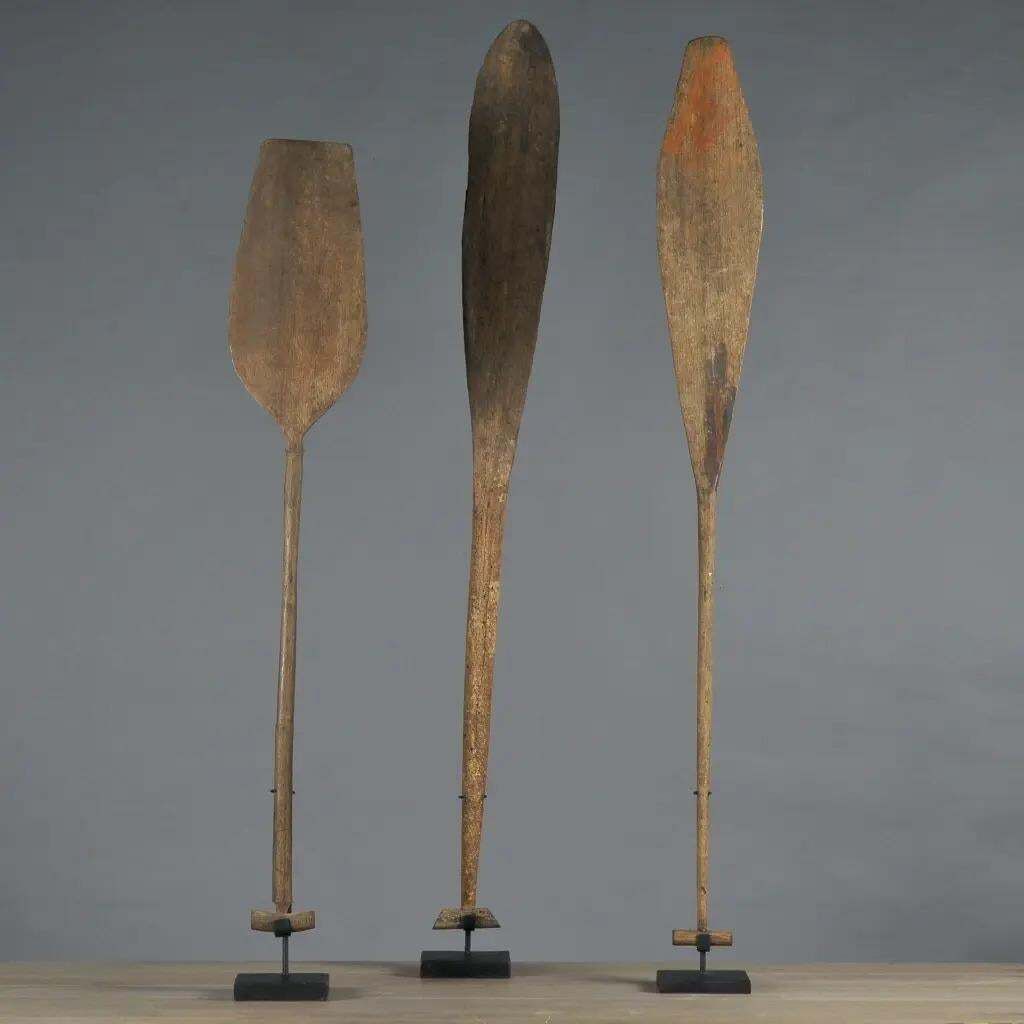 Ethnic Carved Wood Paddle On Stand, Natural Patina, Borneo, 18th–19th C. photo for sale