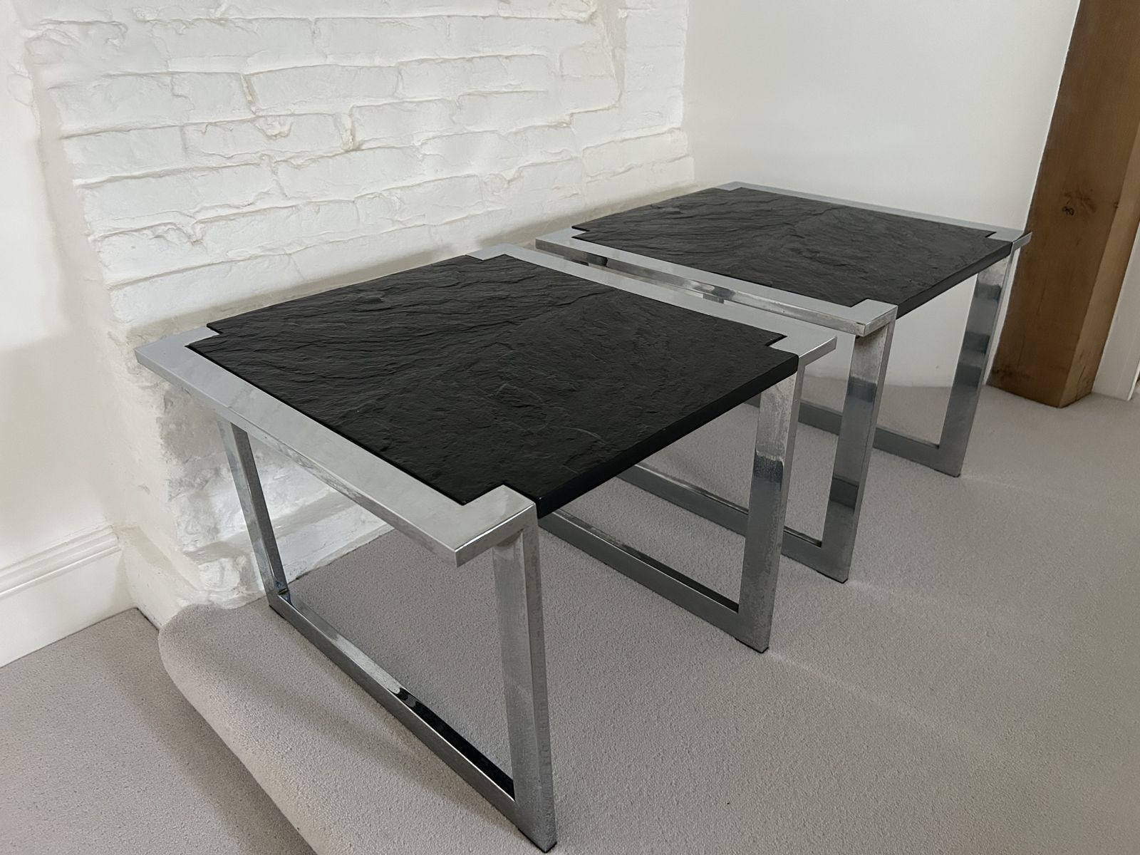 Matching Pair Of Mid Century, Square Side Tables In Ardesia Black Slate & Chrome