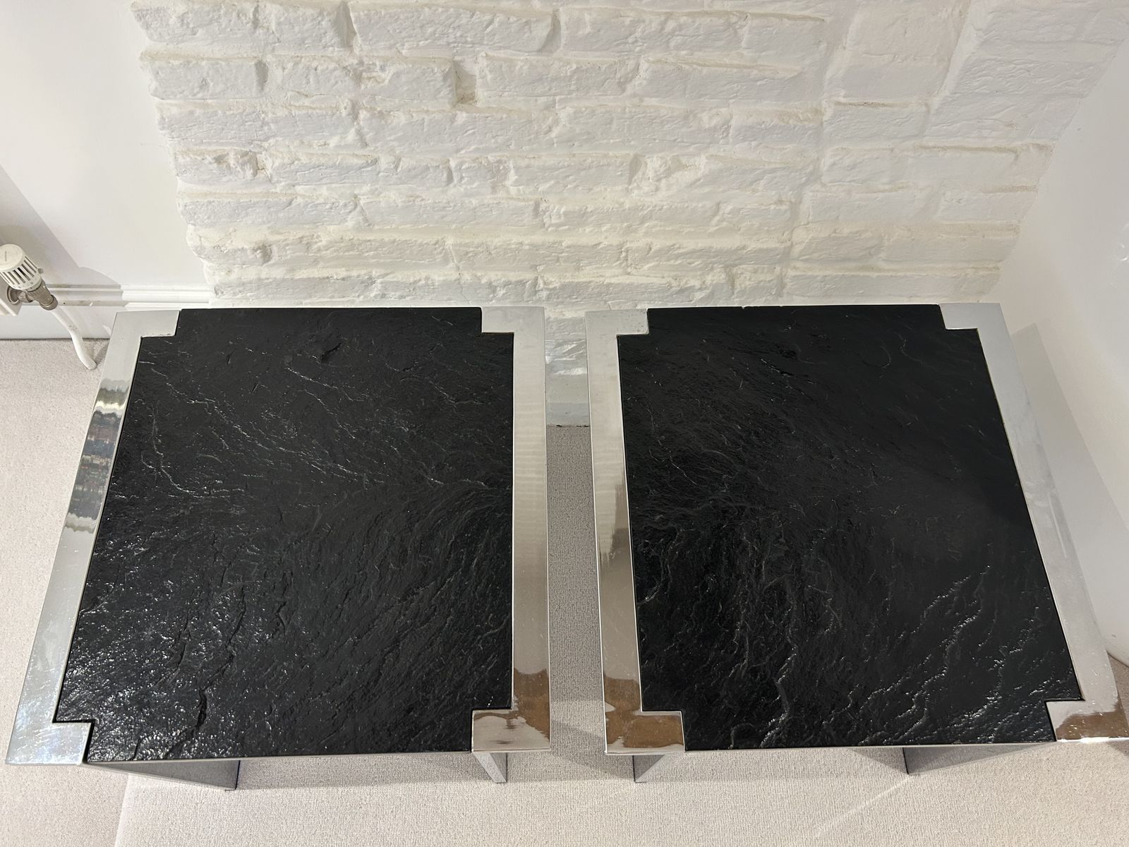 Matching Pair Of Mid Century, Square Side Tables In Ardesia Black Slate & Chrome photo for sale