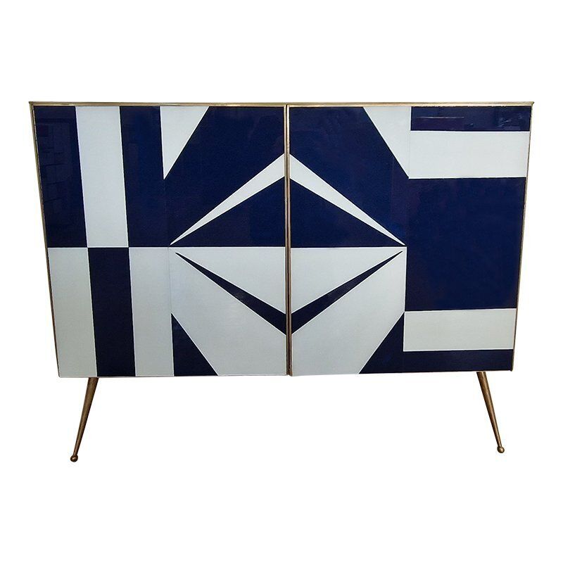 Credenza With Blue And White Glass Doors, 1990s photo Furniture