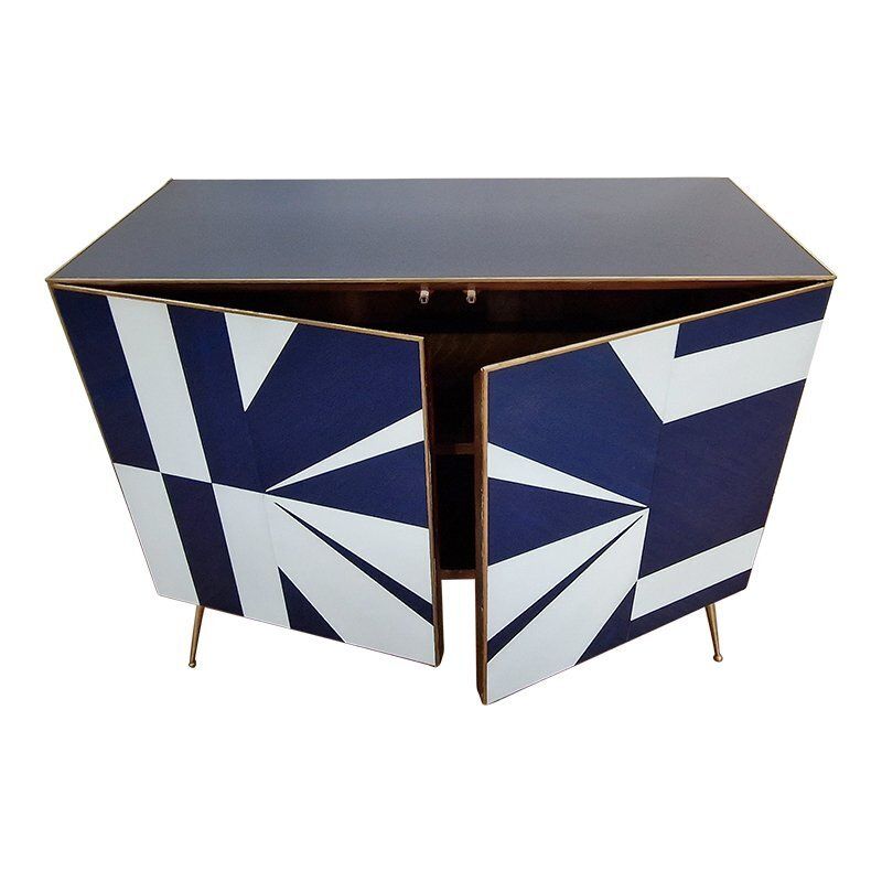 Credenza With Blue And White Glass Doors, 1990s photo vinterior