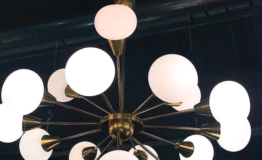 Large Mid Century Italian Brass And Opaline Murano Glass Sputnik Chandelier photo for sale