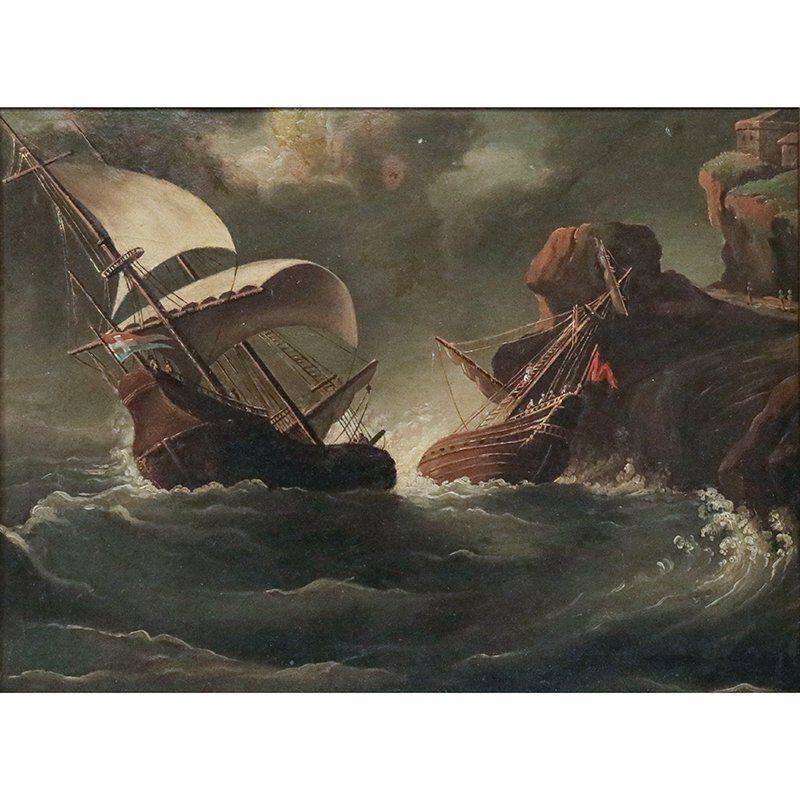 Sailing Ships In A Gale, 1700s, Oil On Cardboard, Framed photo for sale