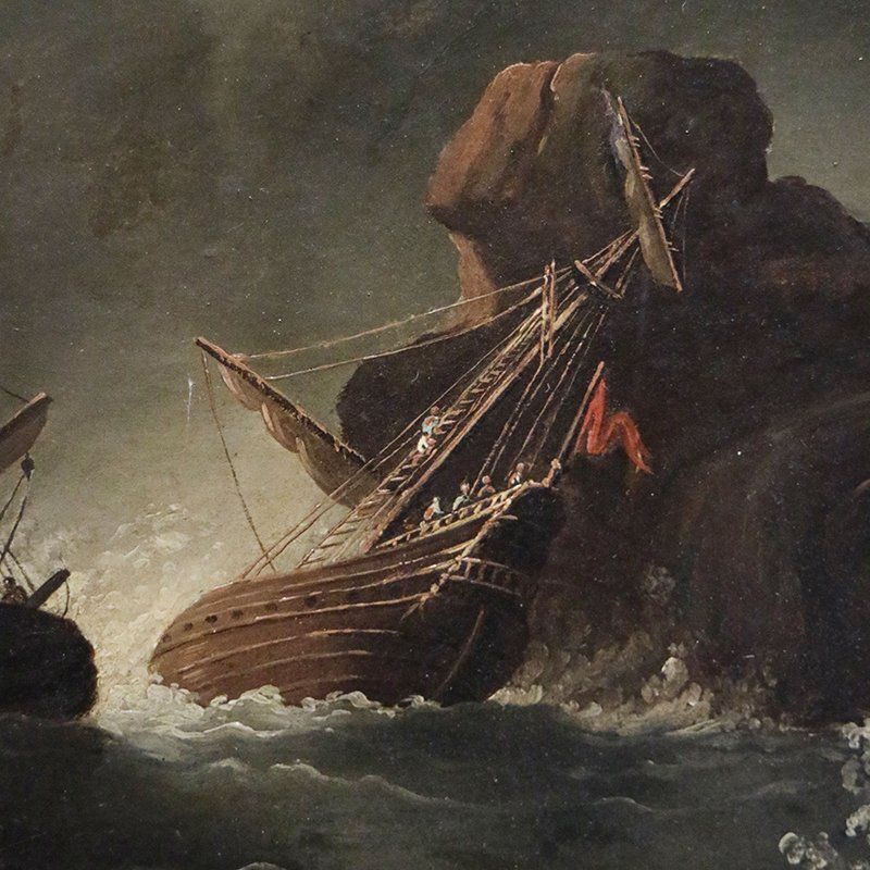 Sailing Ships In A Gale, 1700s, Oil On Cardboard, Framed photo vinterior