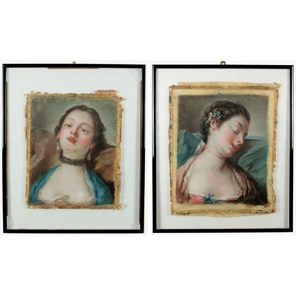 Pietro Antonio Rotari, Blue Eyed Brunette & Young Sleeping Girl, Pastel Drawings On Paper, Framed, Set Of 2