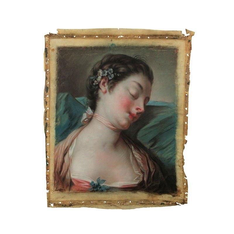 Pietro Antonio Rotari, Blue Eyed Brunette & Young Sleeping Girl, Pastel Drawings On Paper, Framed, Set Of 2 photo vinterior
