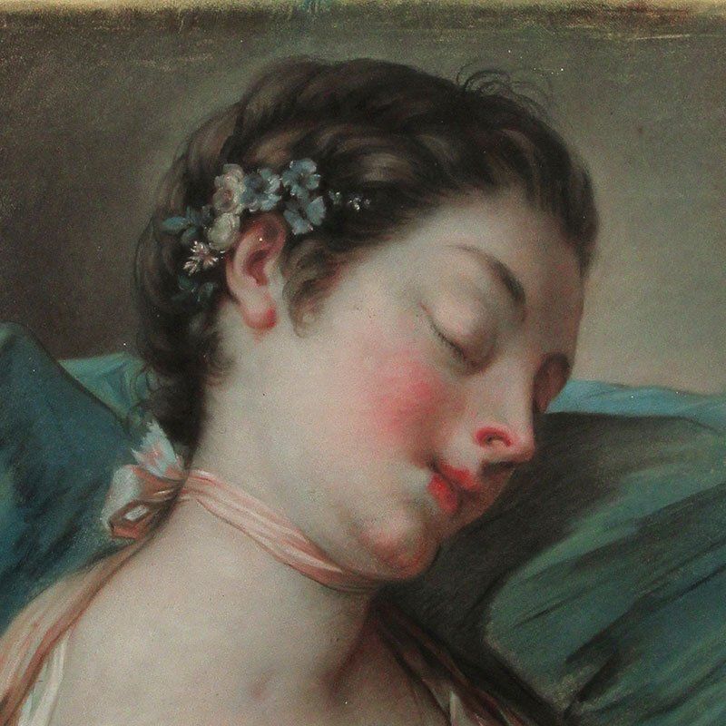 Pietro Antonio Rotari, Blue Eyed Brunette & Young Sleeping Girl, Pastel Drawings On Paper, Framed, Set Of 2 photo vintage