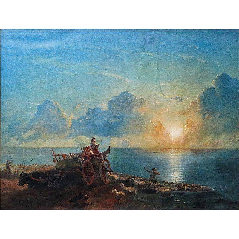 Italian Artist, Sunset With Animals And Characters, 1800s, Oil On Canvas, Framed photo furniture
