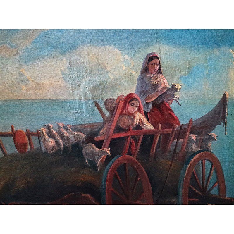 Italian Artist, Sunset With Animals And Characters, 1800s, Oil On Canvas, Framed photo vinterior
