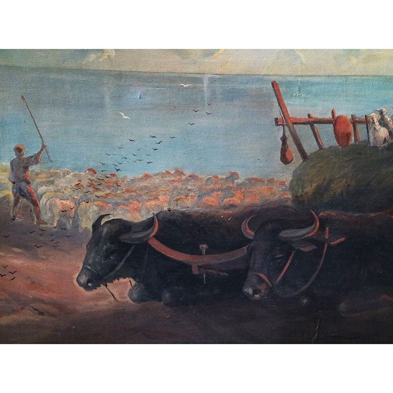 Italian Artist, Sunset With Animals And Characters, 1800s, Oil On Canvas, Framed photo vintage