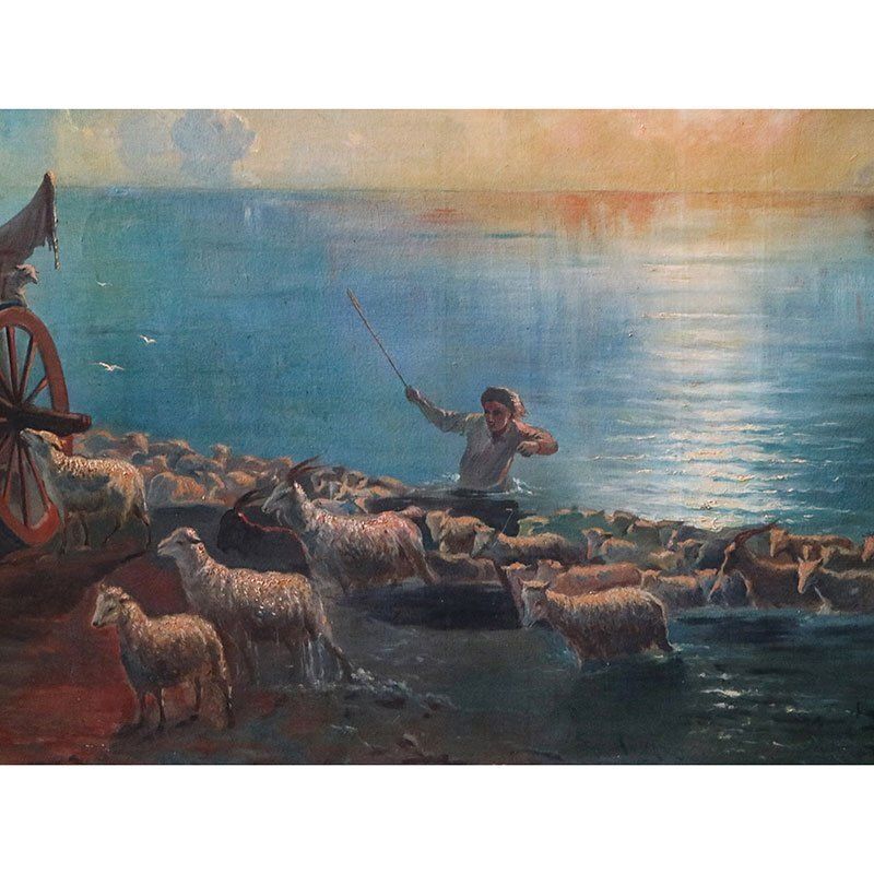 photo for sale Italian Artist, Sunset With Animals And Characters, 1800s, Oil On Canvas, Framed