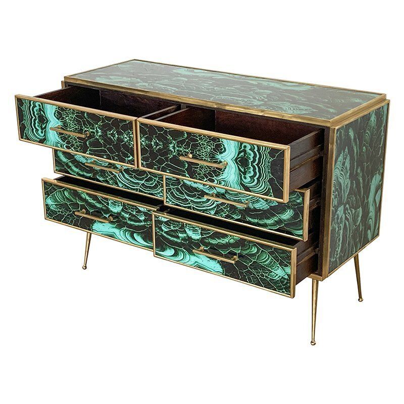 Wooden Dresser In Malachite Glass With Six Drawers, 1980s photo vinterior