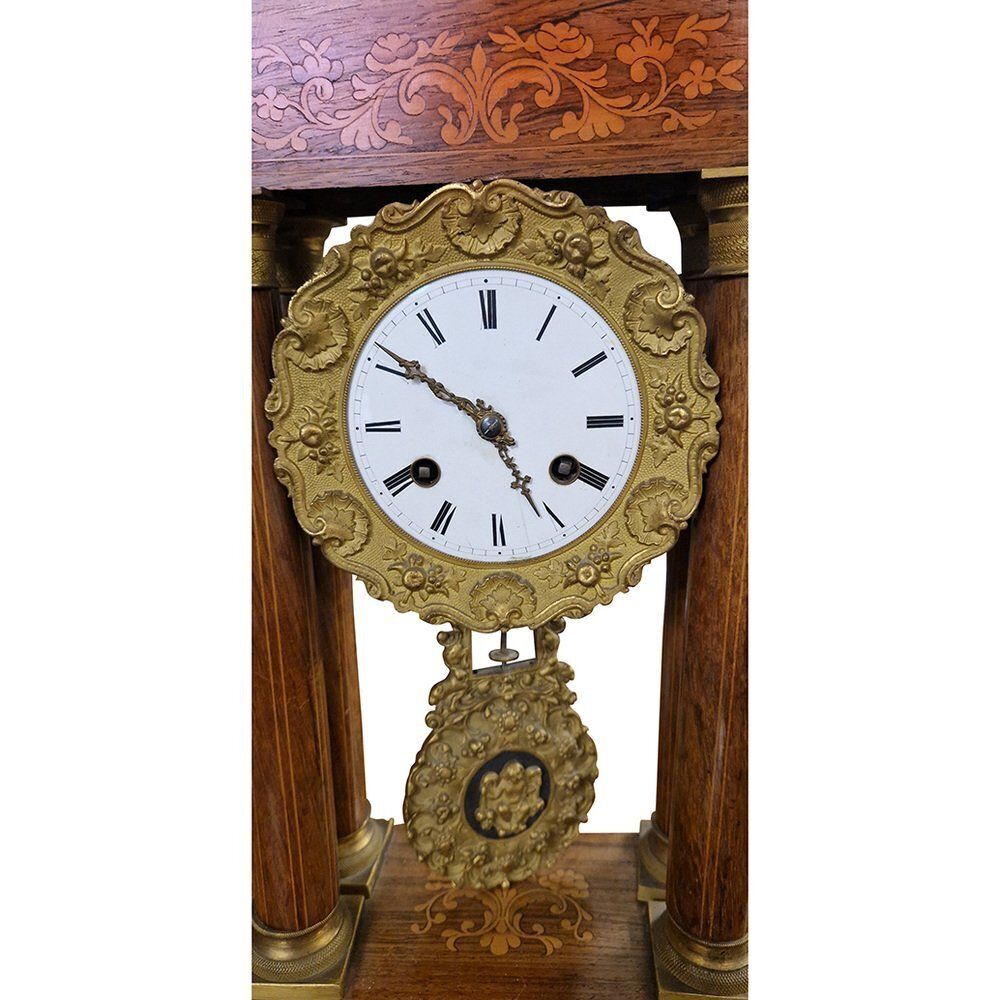 Empire Inlaid Walnut Portal Clock, France, 1850s photo vinterior