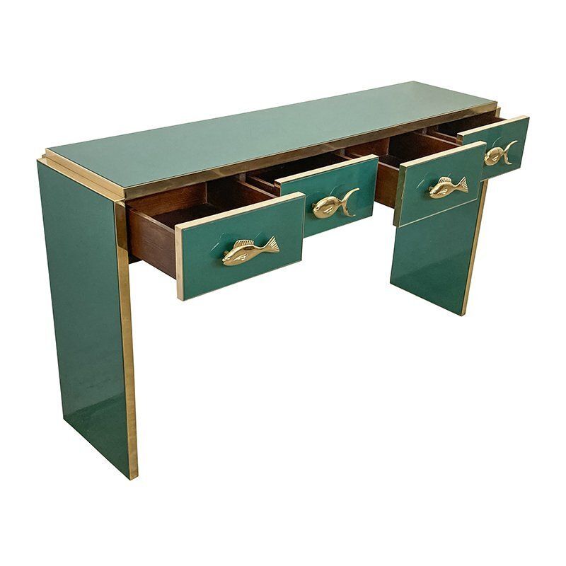 Green Glass Console With Four Drawers, 1980s photo vintage