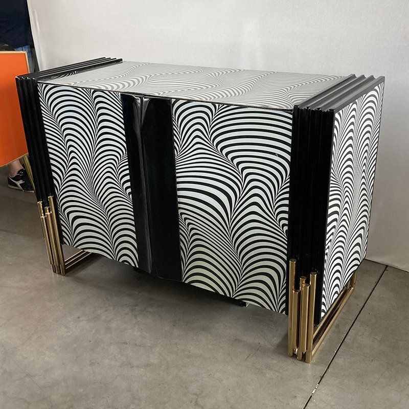 2 Door Sideboard In Black And White Waves Printed Glass, 1980s photo furniture