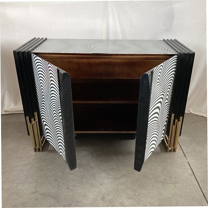 2 Door Sideboard In Black And White Waves Printed Glass, 1980s photo Furniture
