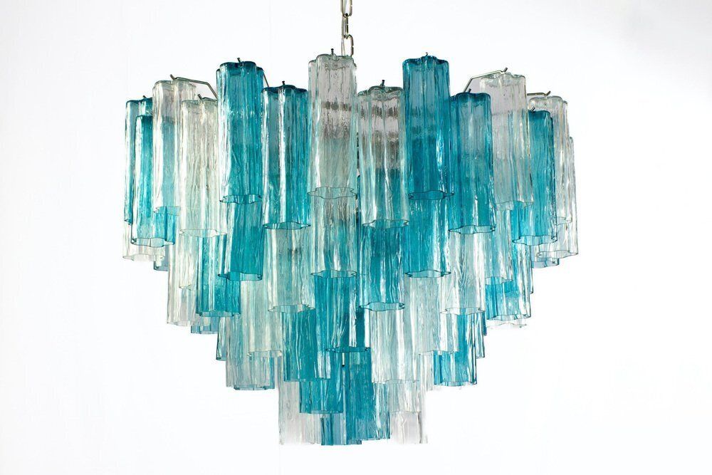 Mid Century Blue And Clear Murano Glass Tronchi Chandelier, 1970s photo Lighting