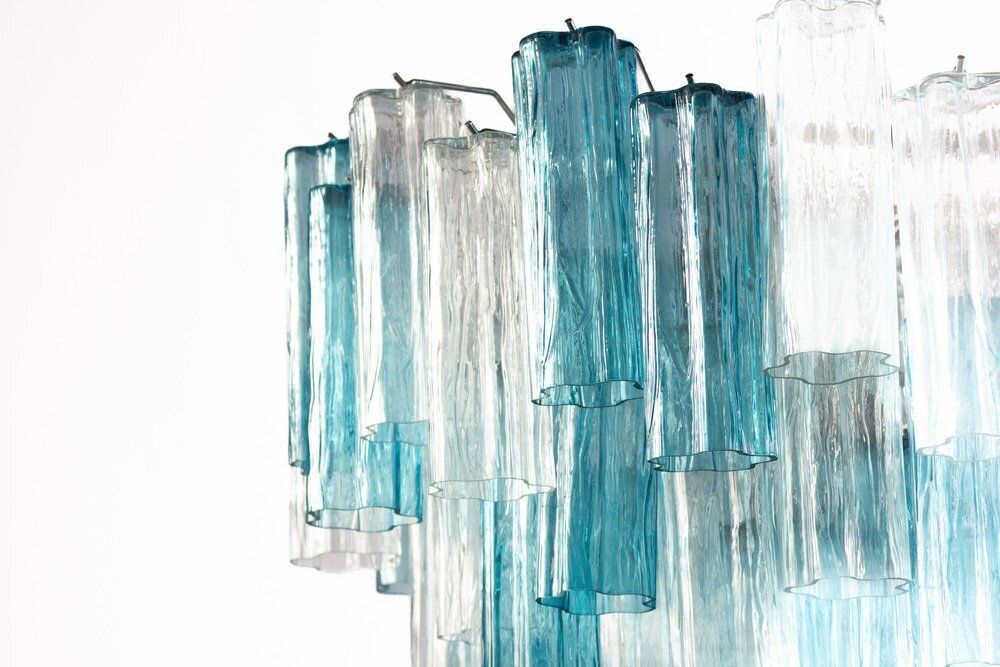 Mid Century Blue And Clear Murano Glass Tronchi Chandelier, 1970s photo vinterior
