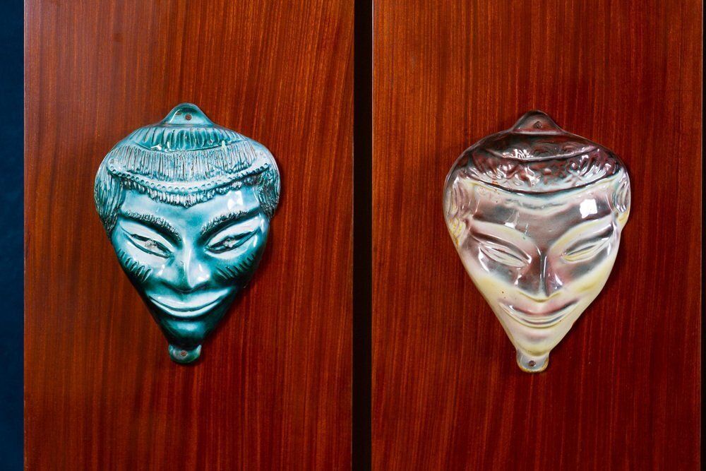 Mid Century Wardrobe With Ceramic Masks, Italy, 1950s photo vinterior
