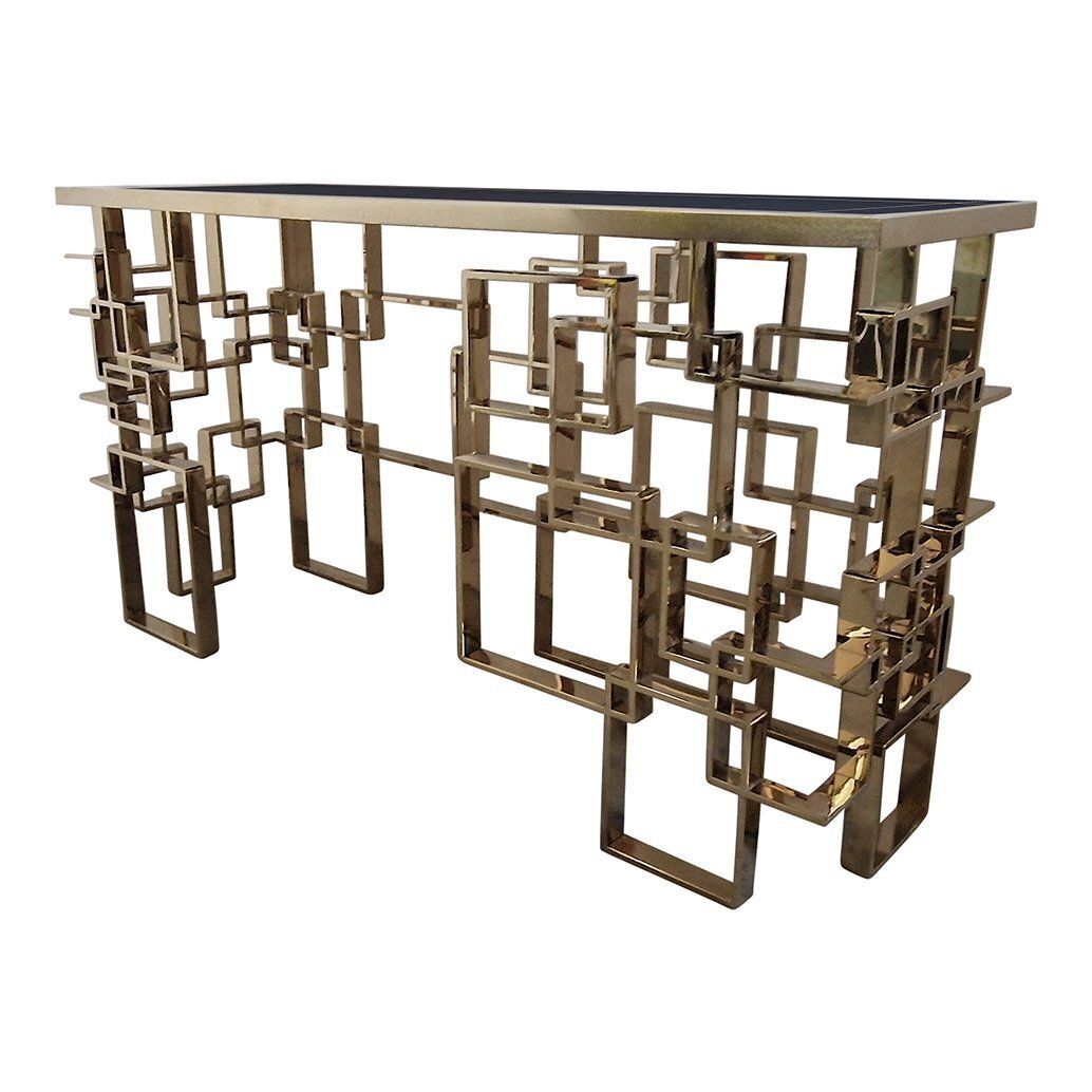 Double Sided Console In Chrome And Gilt Steel With Black Murano Glass Top, 1990s photo Furniture