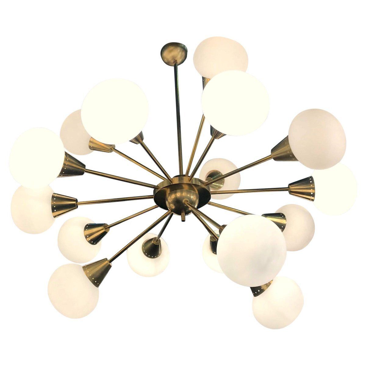 Large Mid Century Brass, Opaline & Murano Glass Sputnik Chandelier